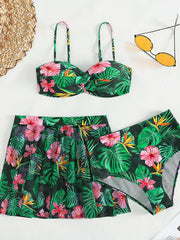 Tropical Paradise Bikini Set: Leaf Print, Push-Up, High-Waisted Three-Piece Swimsuit