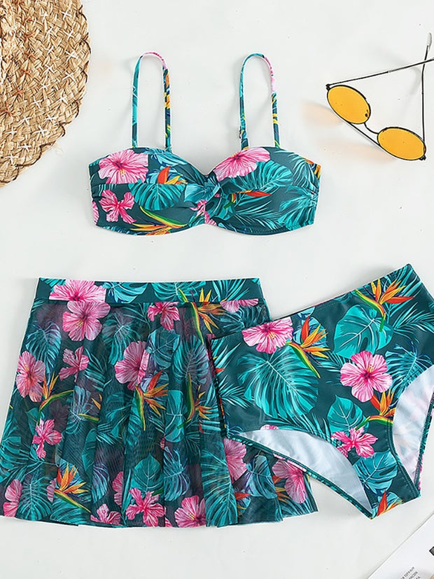 Tropical Paradise Bikini Set: Leaf Print, Push-Up, High-Waisted Three-Piece Swimsuit