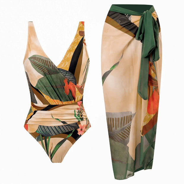 Beach Casual Chiffon Long Skirt Bikini Set